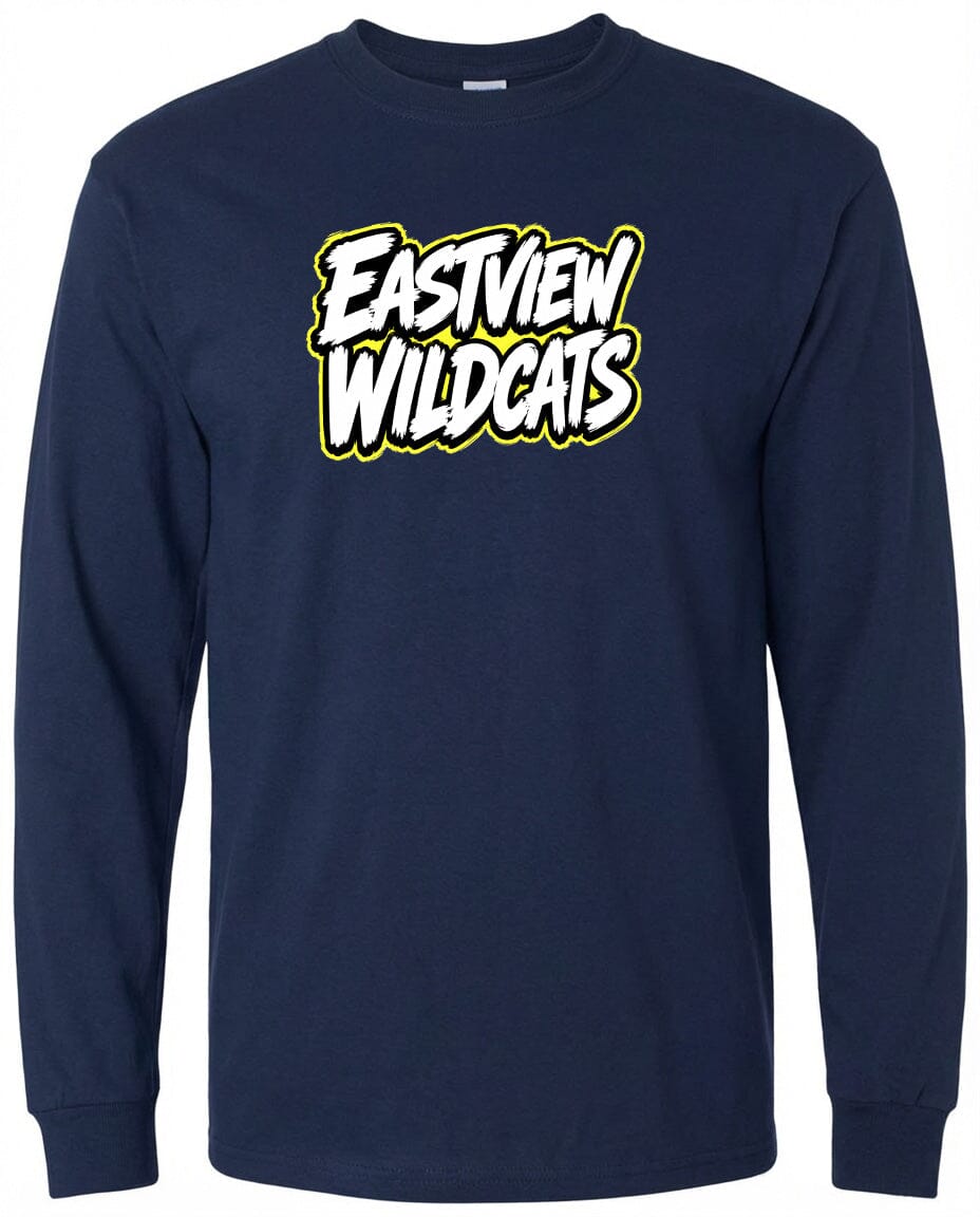 A navy blue long-sleeved shirt with the text "EASTVIEW WILDCATS" printed on it in a stylized font.