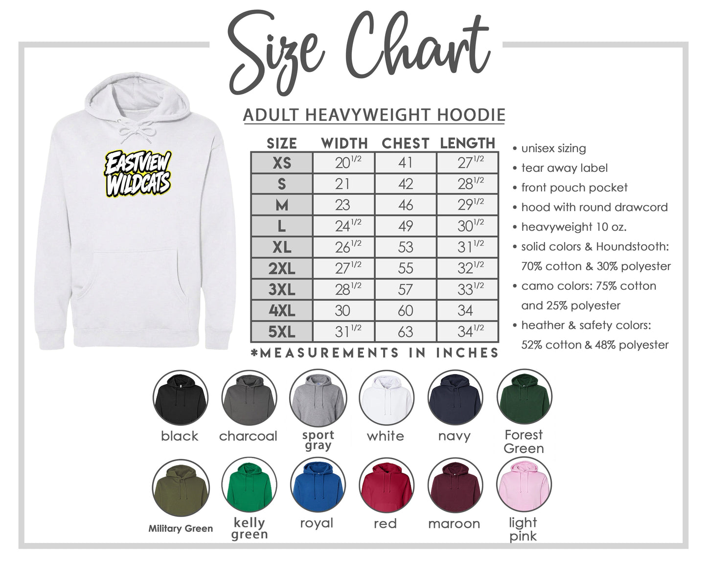 The image is a size chart for an adult heavyweight hoodie, including various color options and measurements in inches.