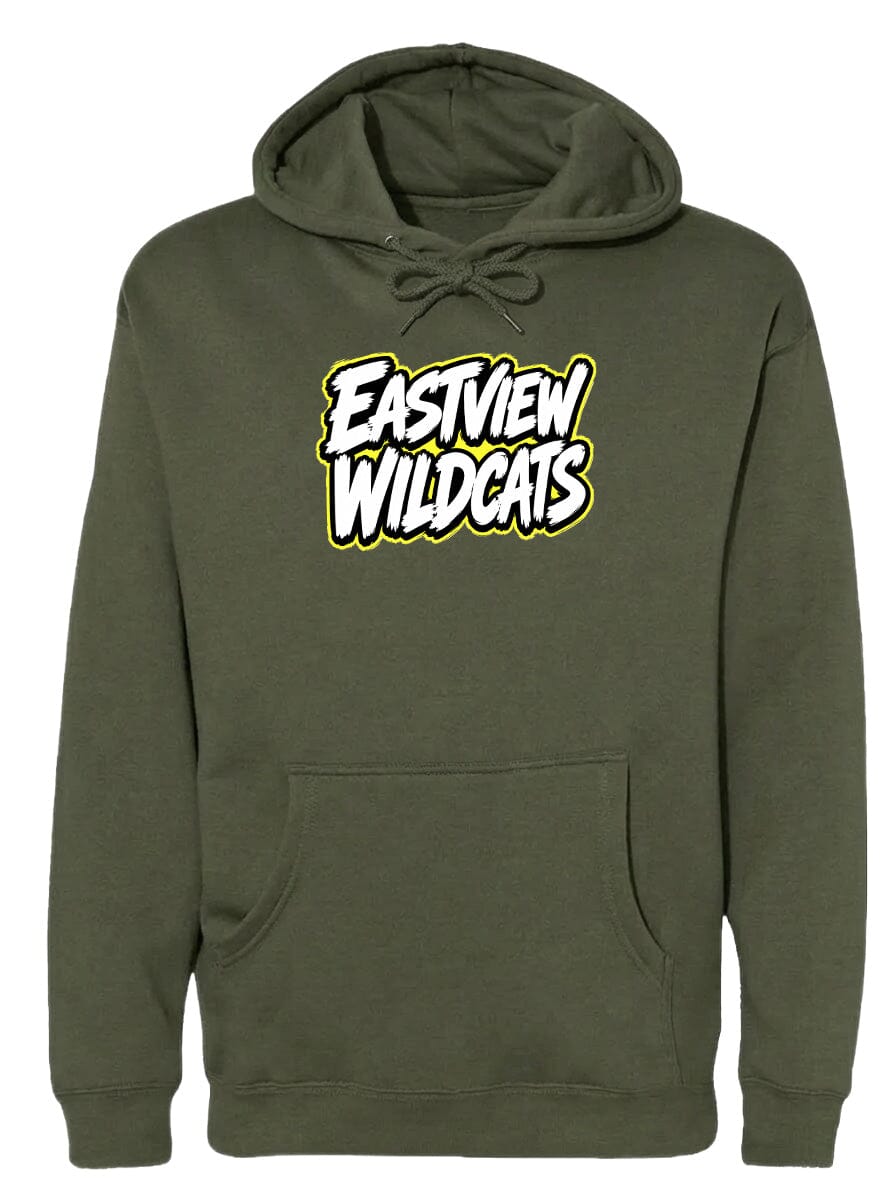 A dark green hoodie with a yellow and white logo that says "Eastview Wildcats".