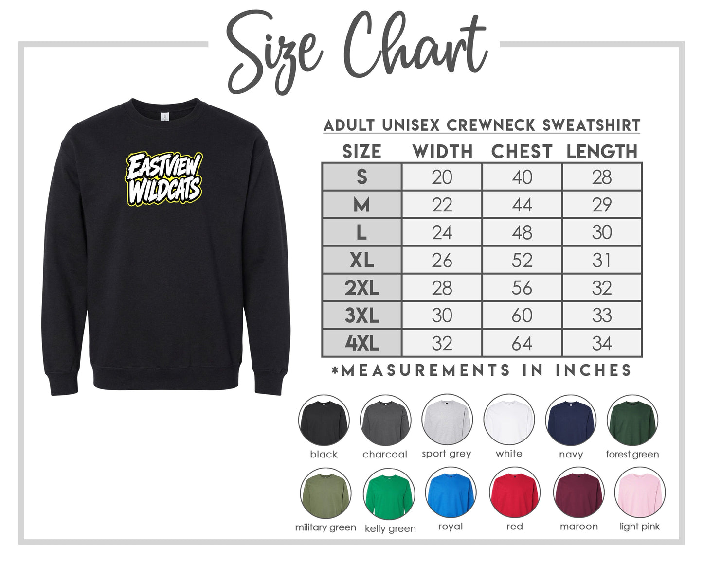 The image is a size chart for an adult unisex crewneck sweatshirt. It includes a black crewneck sweatshirt with the Eastview Wildcats logo and a table with size measurements and corresponding crewneck sizes.