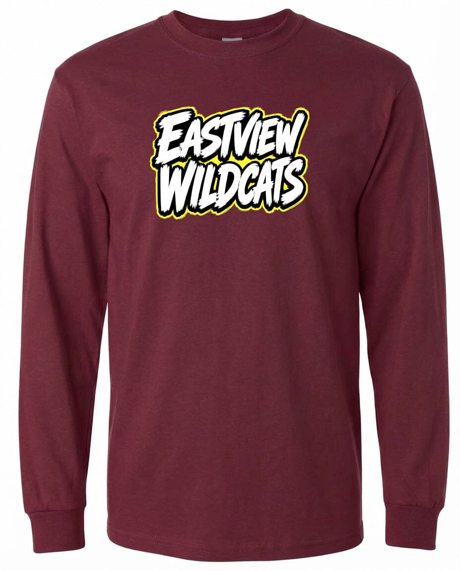 A burgundy long-sleeved t-shirt with the text "Eastview Wildcats" printed on it in a stylized font.