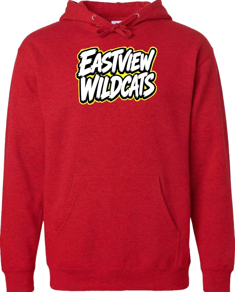 A red hoodie with the text "EASTVIEW WILDCATS" printed on it.