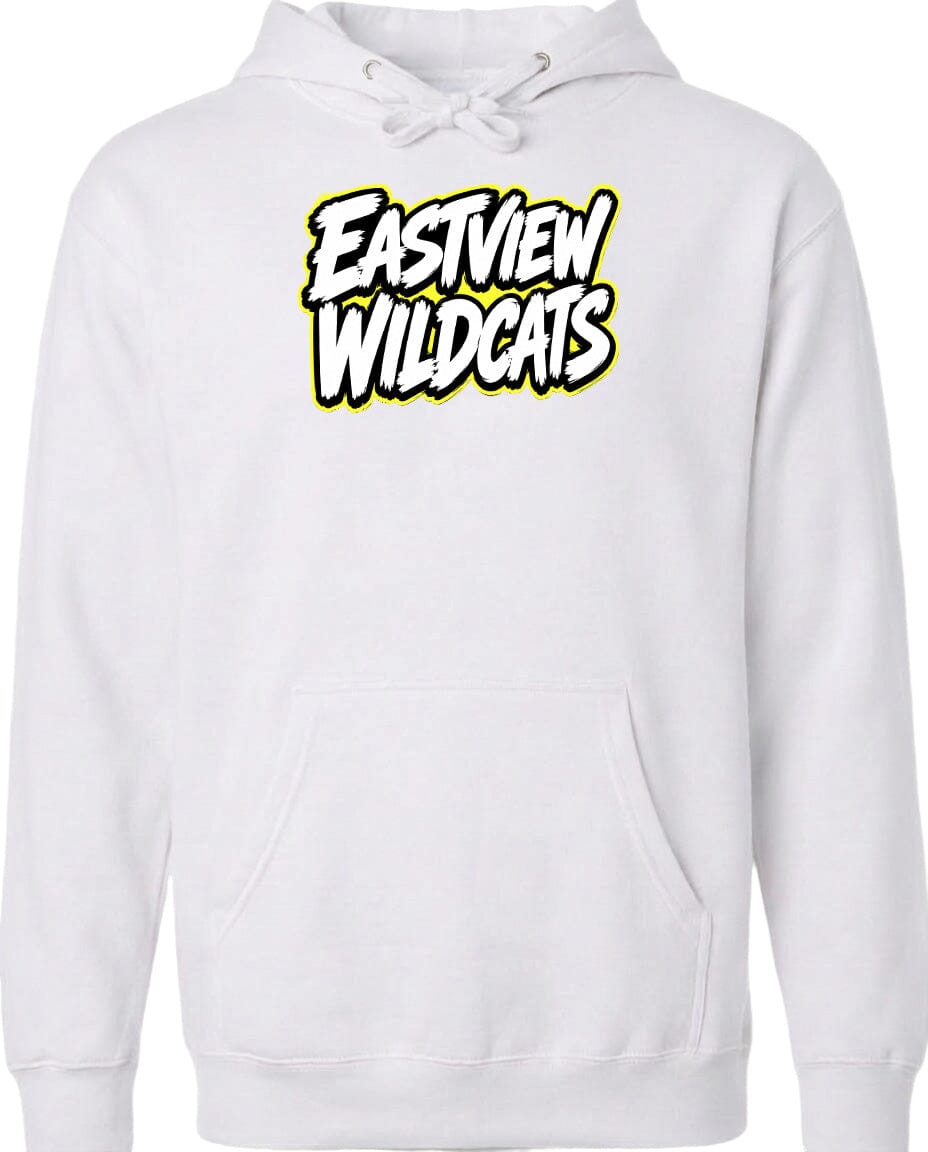A white hoodie with the text "Eastview Wildcats" printed on it.