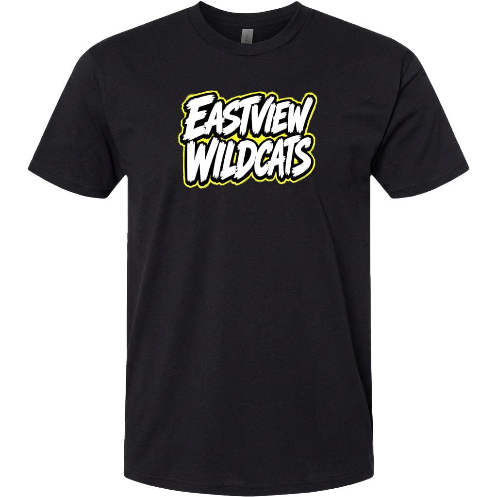 A black t-shirt with a white and yellow graphic design on it.