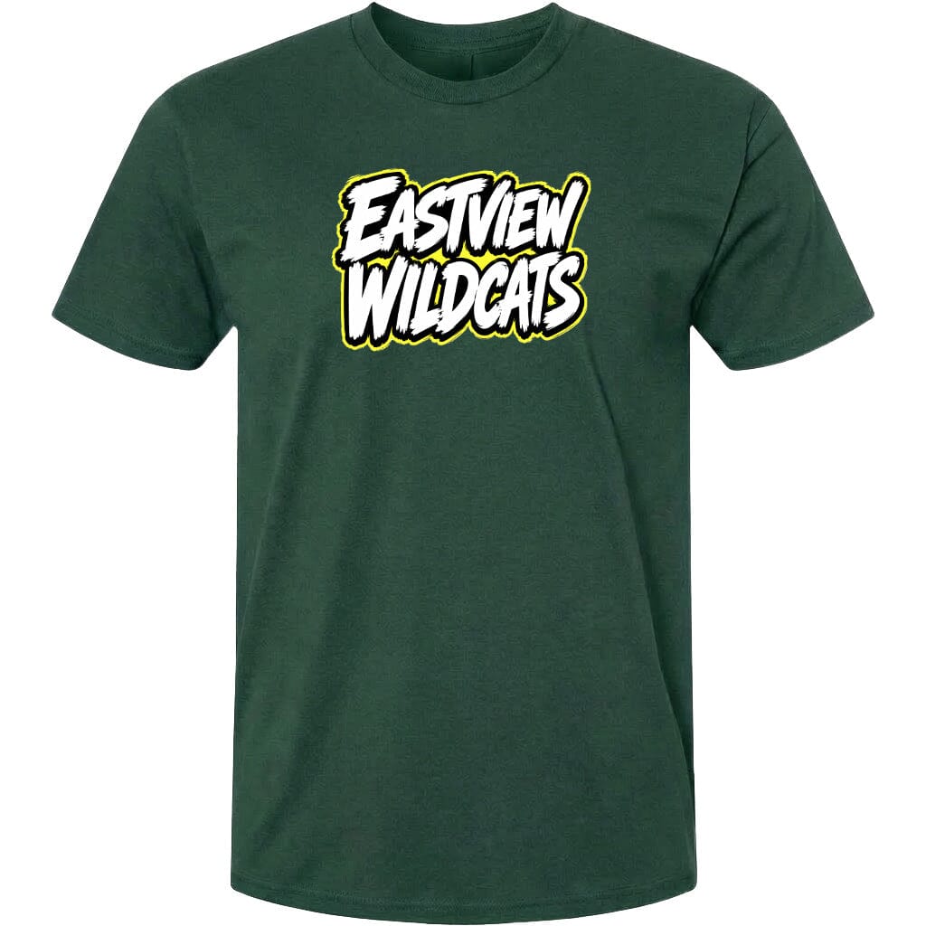 A dark green t-shirt with a bold graphic design featuring the text "EASTVIEW WILDCATS" in white and yellow lettering.