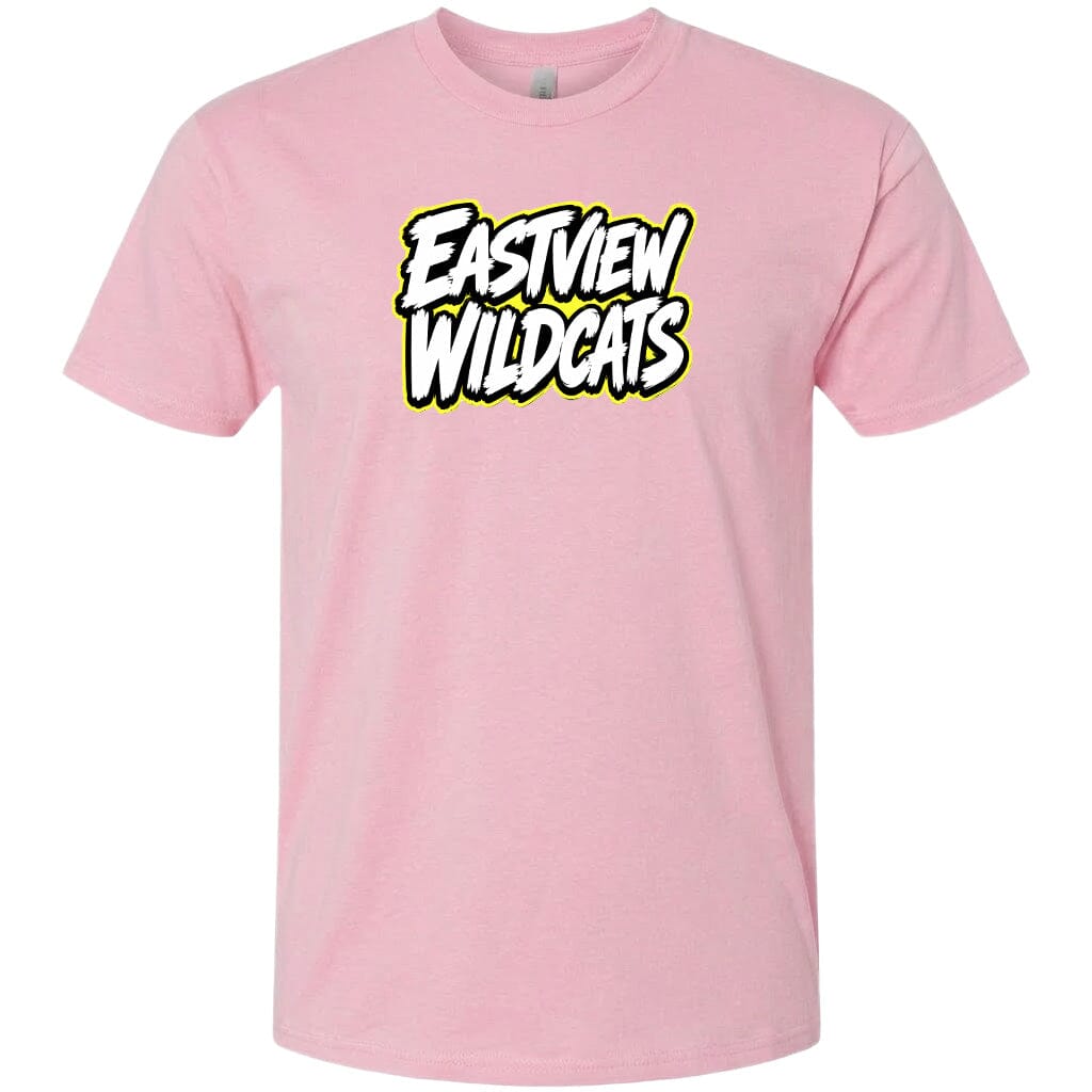 A pink t-shirt with the text "EASTVIEW WILDCATS" printed on it in a stylized font.