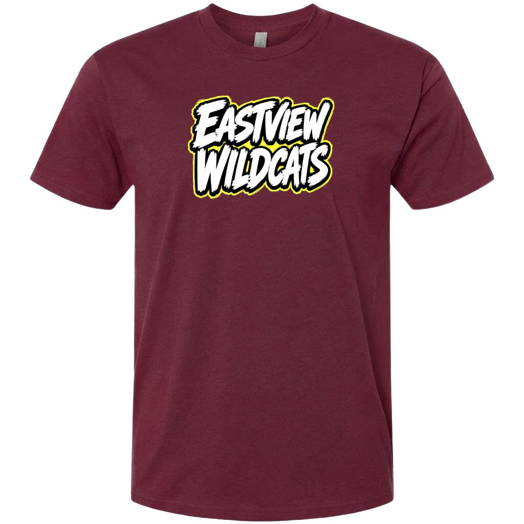 A burgundy-colored t-shirt with the text "EASTVIEW WILDCATS" printed on it in a stylized font.