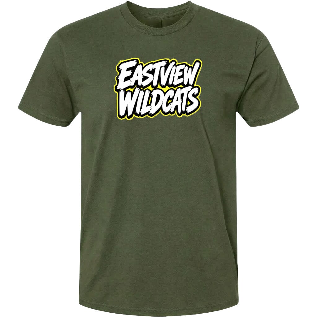 A green t-shirt with the text "EASTVIEW WILDCATS" printed on it.