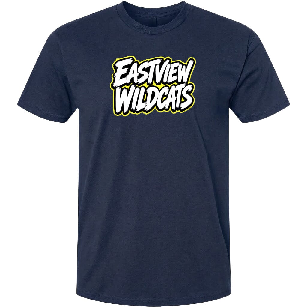 A navy blue t-shirt with a graphic design featuring the text "EASTVIEW WILDCATS" in a stylized font.