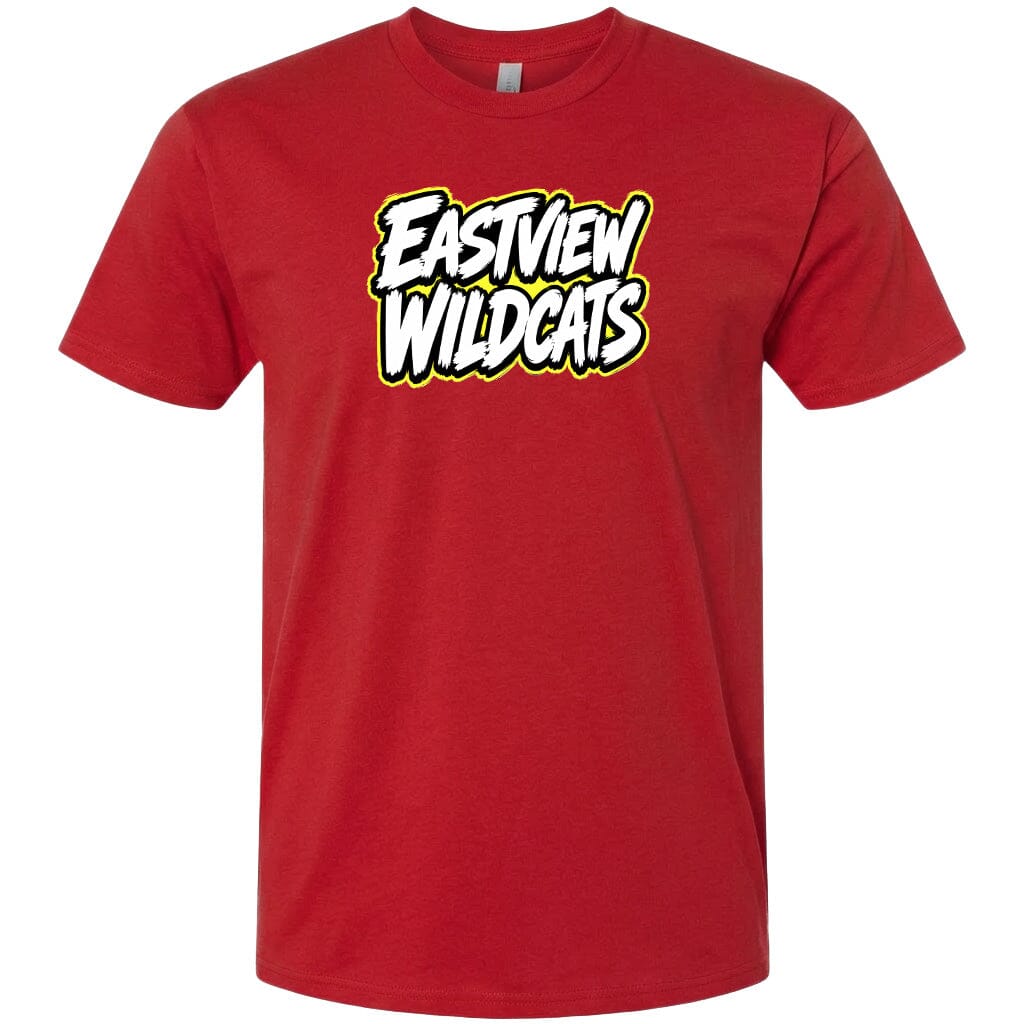 A red t-shirt with the text "EASTVIEW WILDCATS" printed on it.
