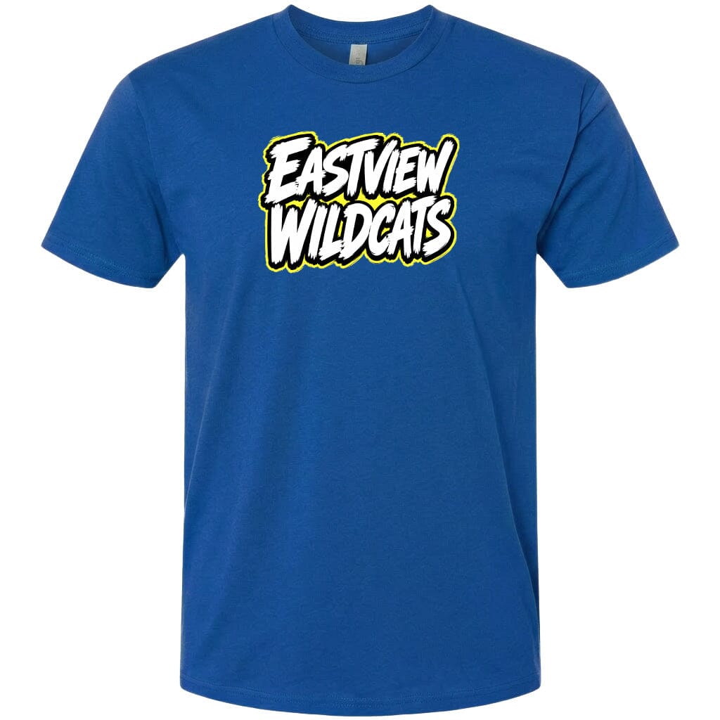 A blue t-shirt with the text "EASTVIEW WILDCATS" printed on it.