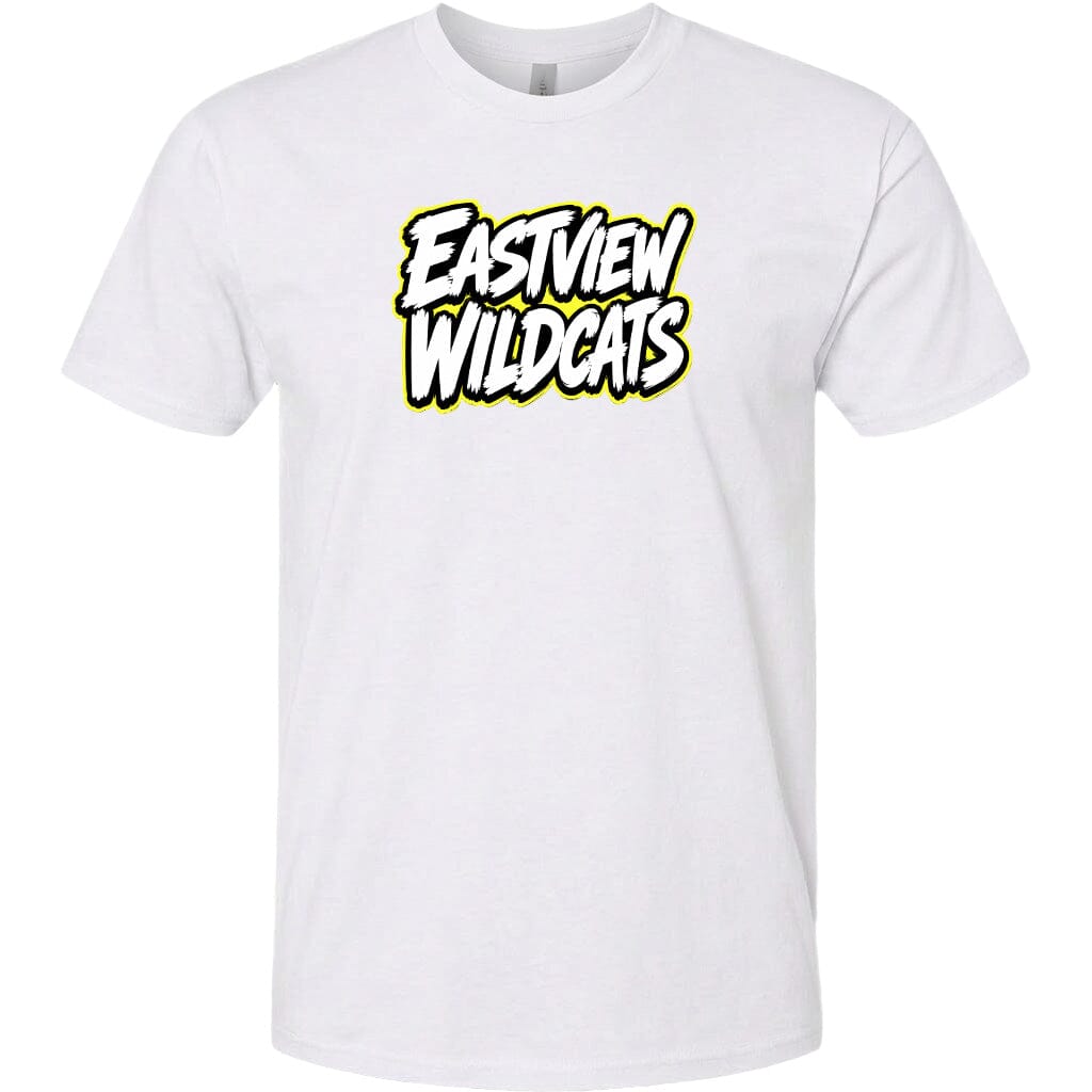 A white t-shirt with the text "EASTVIEW WILDCATS" printed on it in a stylized font.