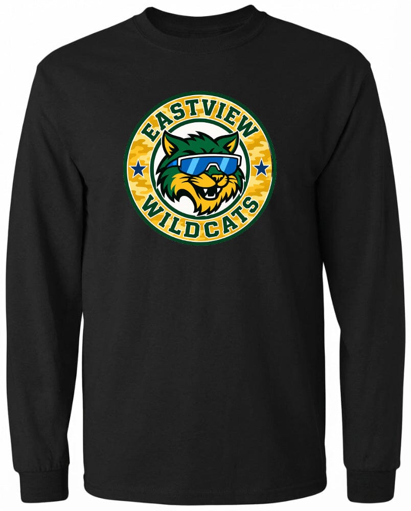A black long-sleeved shirt with a graphic design featuring a cartoon-style cat wearing sunglasses and surrounded by a circular emblem with the text "EASTVIEW WILDCATS".