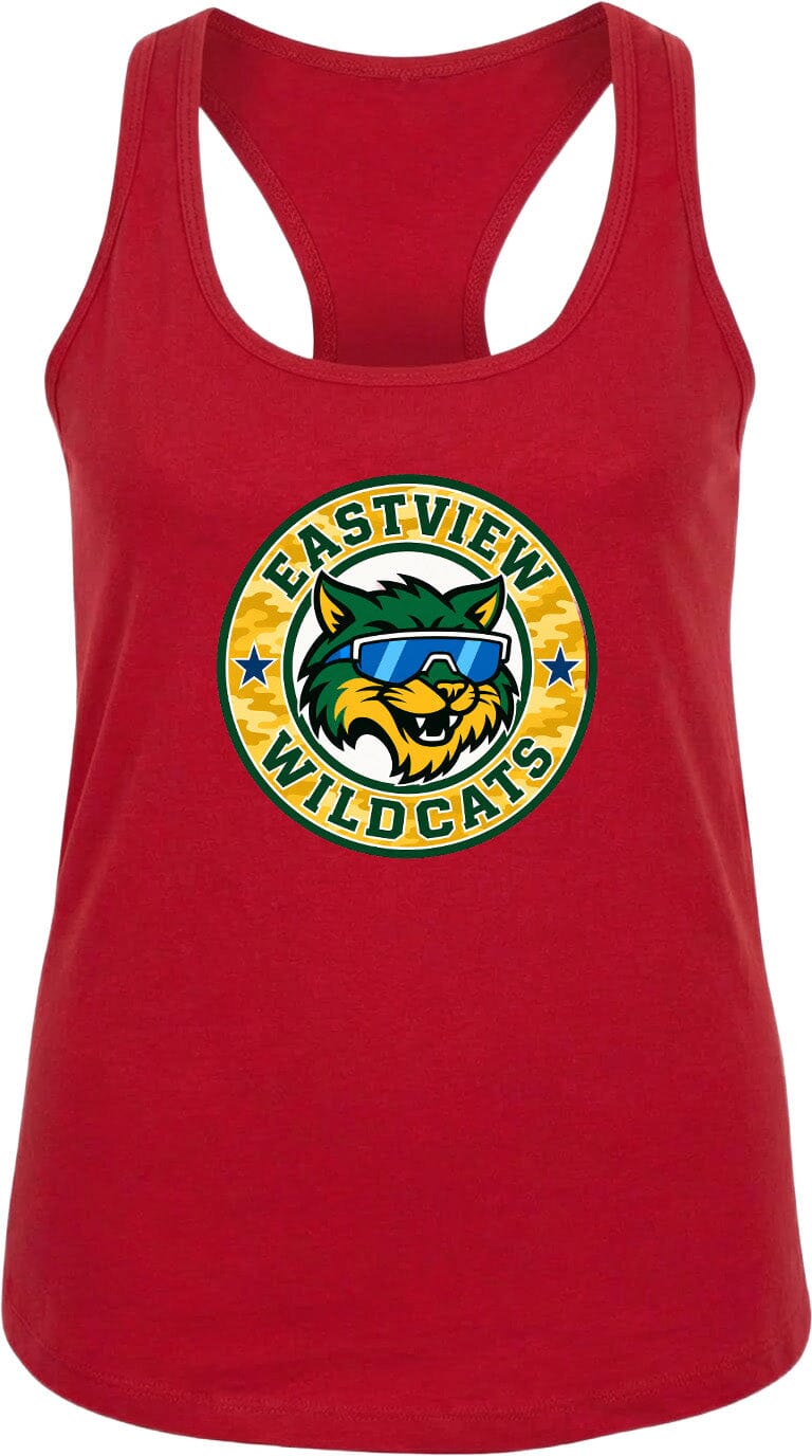 A red tank top with a graphic of a cat wearing sunglasses and the text "EASTVIEW WILDCATS" printed on it.