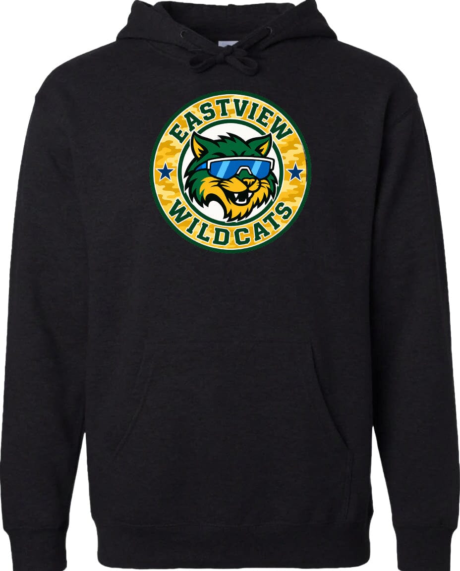 A black hoodie with a graphic design featuring a cat wearing sunglasses and the text "EASTVIEW WILDCATS" around it.