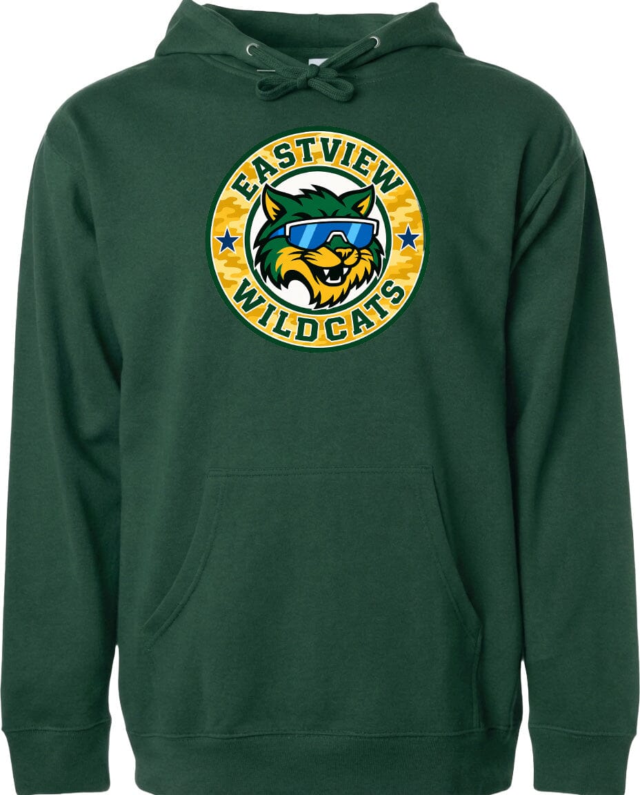 A green hoodie with a graphic of a cat wearing sunglasses and the text "EASTVIEW WILDCATS" printed on it.