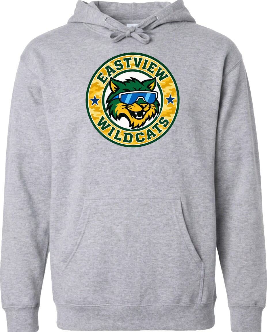 A gray hoodie with a circular logo featuring a cartoon cat wearing sunglasses and the text "EASTVIEW WILDCATS".