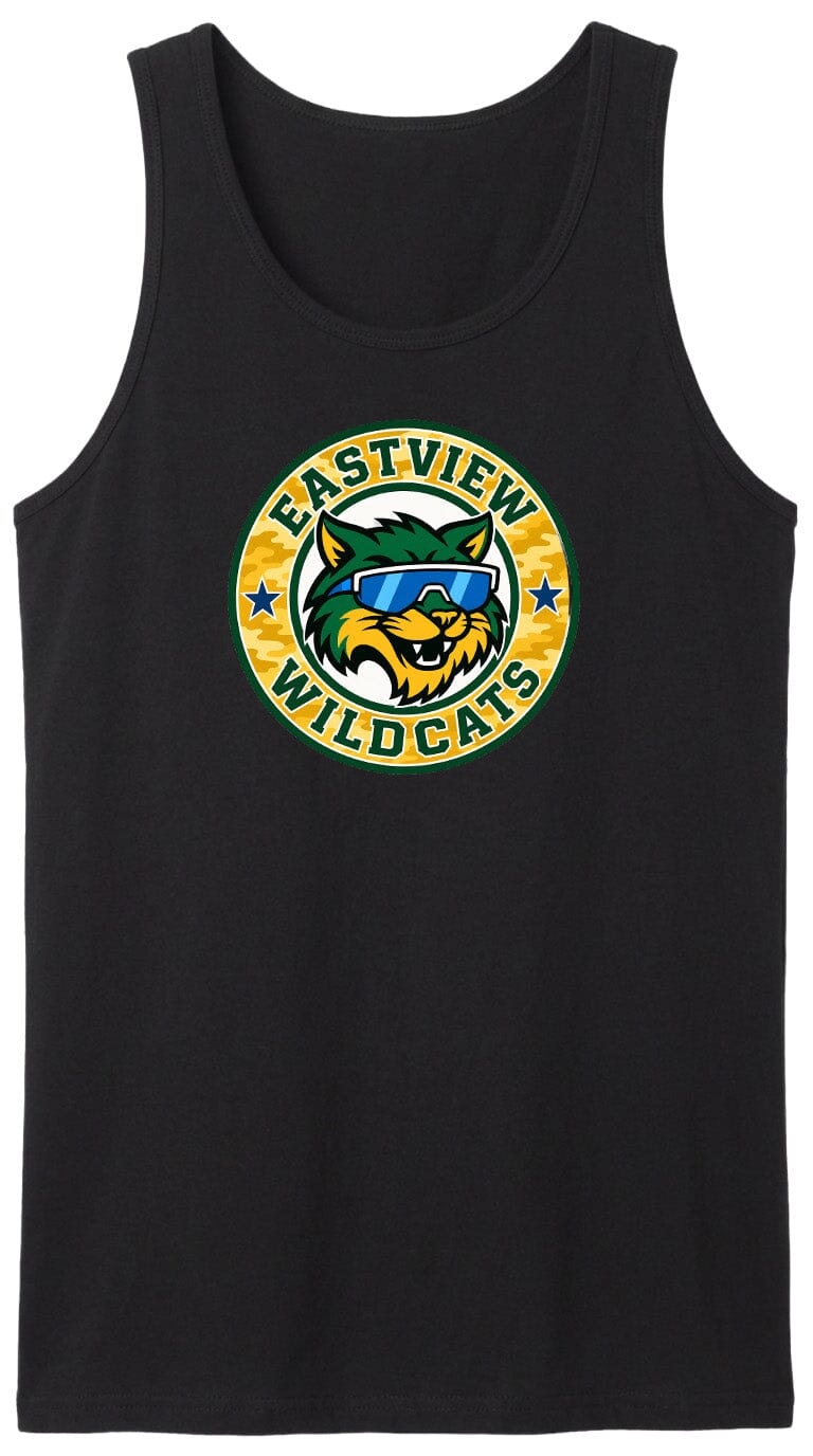 A black tank top with a graphic design featuring a cartoon cat wearing sunglasses and the text "EASTVIEW WILDCATS" around it.