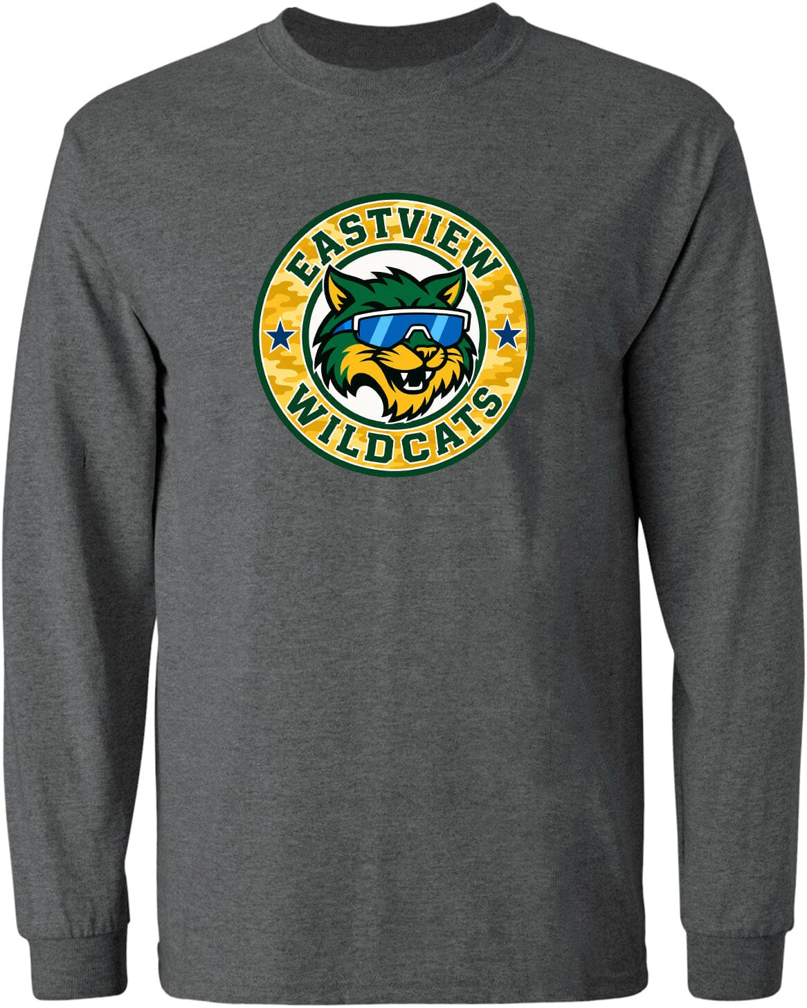A gray long-sleeved t-shirt with a circular logo featuring a cartoon cat wearing sunglasses and the text "EASTVIEW WILDCATS".