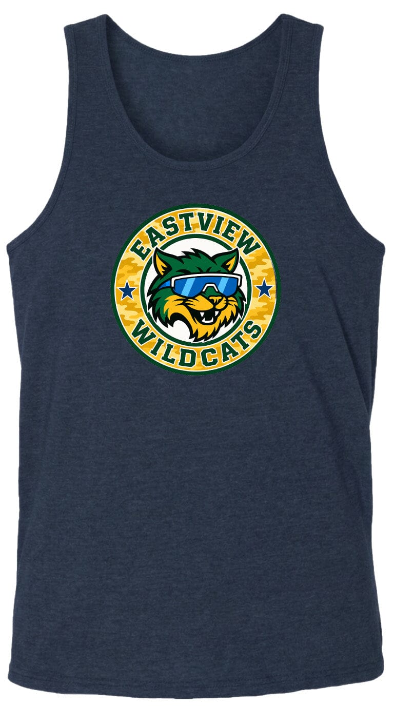 A navy blue tank top with a graphic design featuring a cartoon cat wearing sunglasses and the text "EASTVIEW WILDCATS" around it.