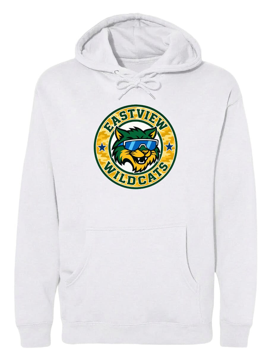 A white hoodie with a graphic design featuring a cat wearing sunglasses and the text "EASTVIEW WILDCATS" printed on it.