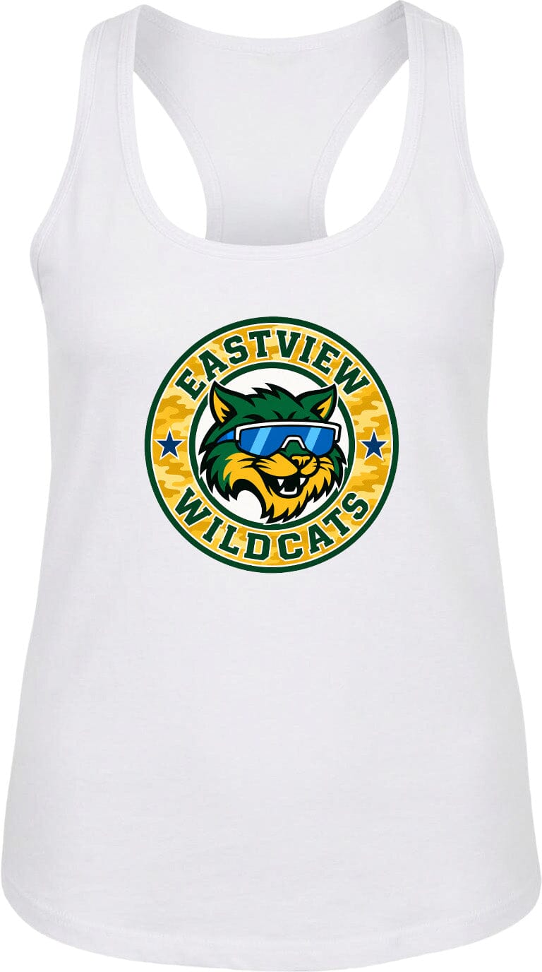 A white tank top with a graphic design featuring a cartoon cat wearing sunglasses and the text "EASTVIEW WILDCATS" around it.