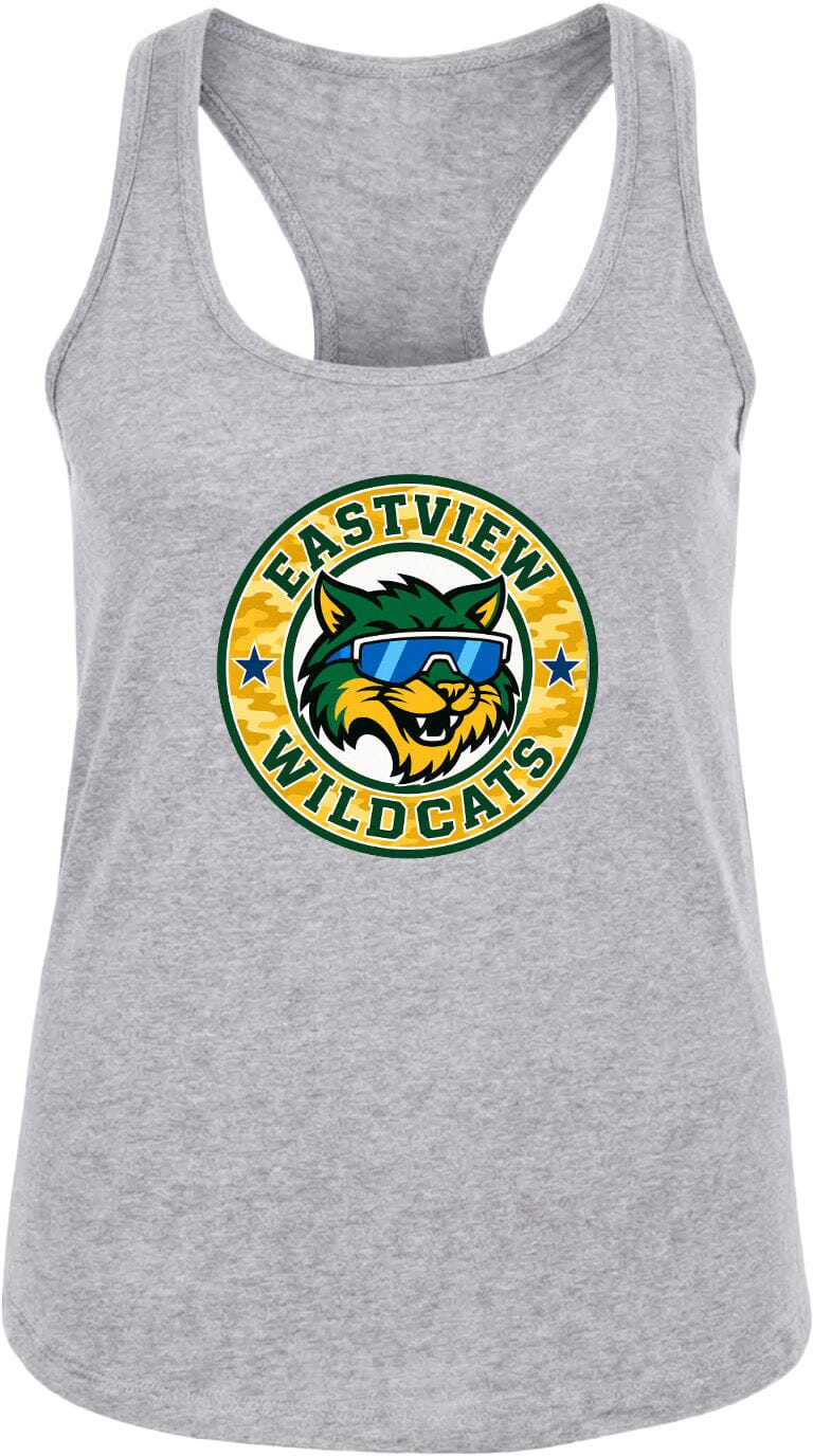 A gray tank top with a graphic design featuring a cartoon cat wearing sunglasses and the text "EASTVIEW WILDCATS" around it.