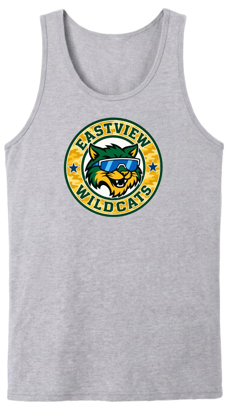 A gray tank top with a circular logo featuring a cartoon cat wearing sunglasses and the text "EASTVIEW WILDCATS".