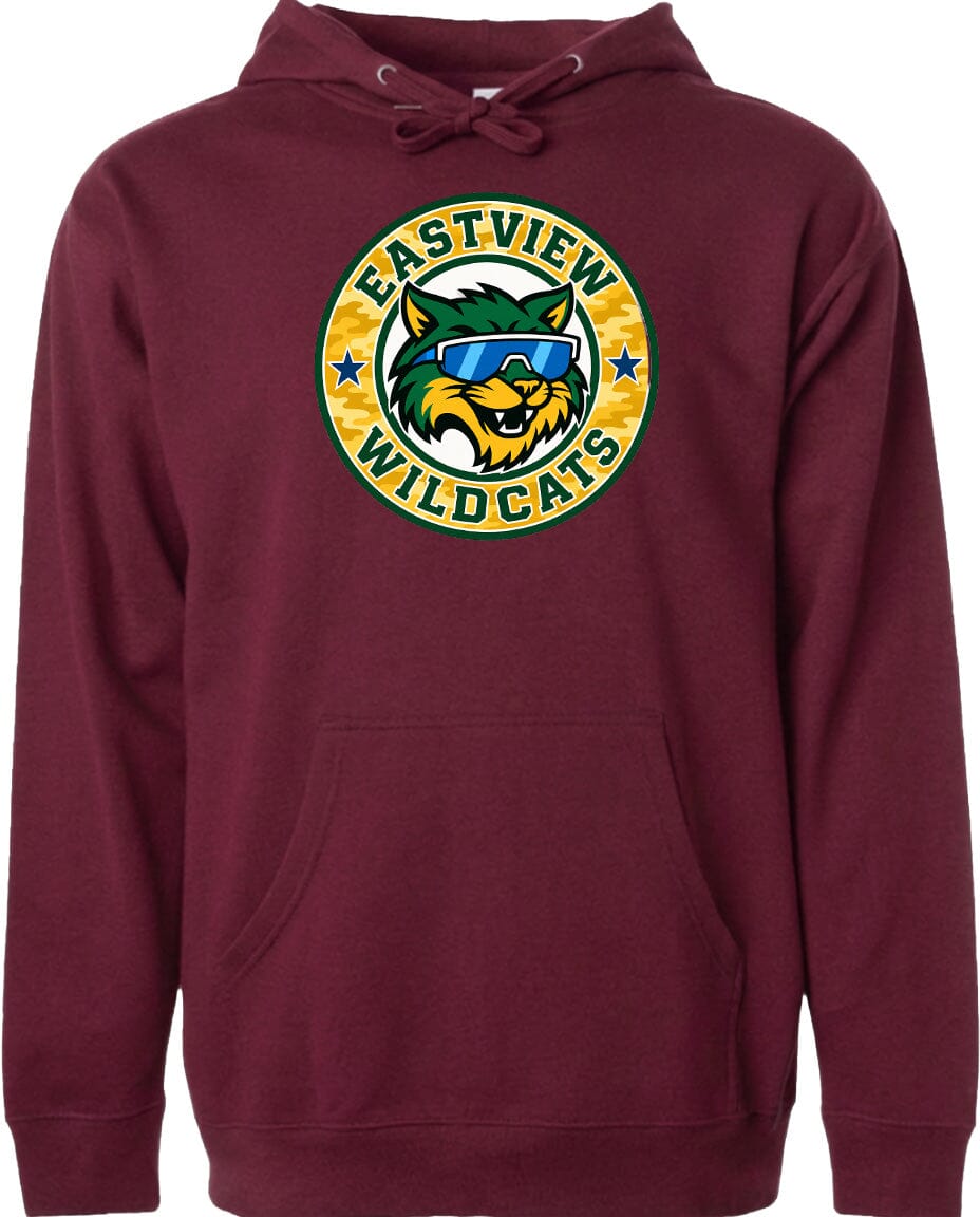 A burgundy-colored hoodie with a circular logo featuring a cartoon cat wearing sunglasses and the text "EASTVIEW WILDCATS".
