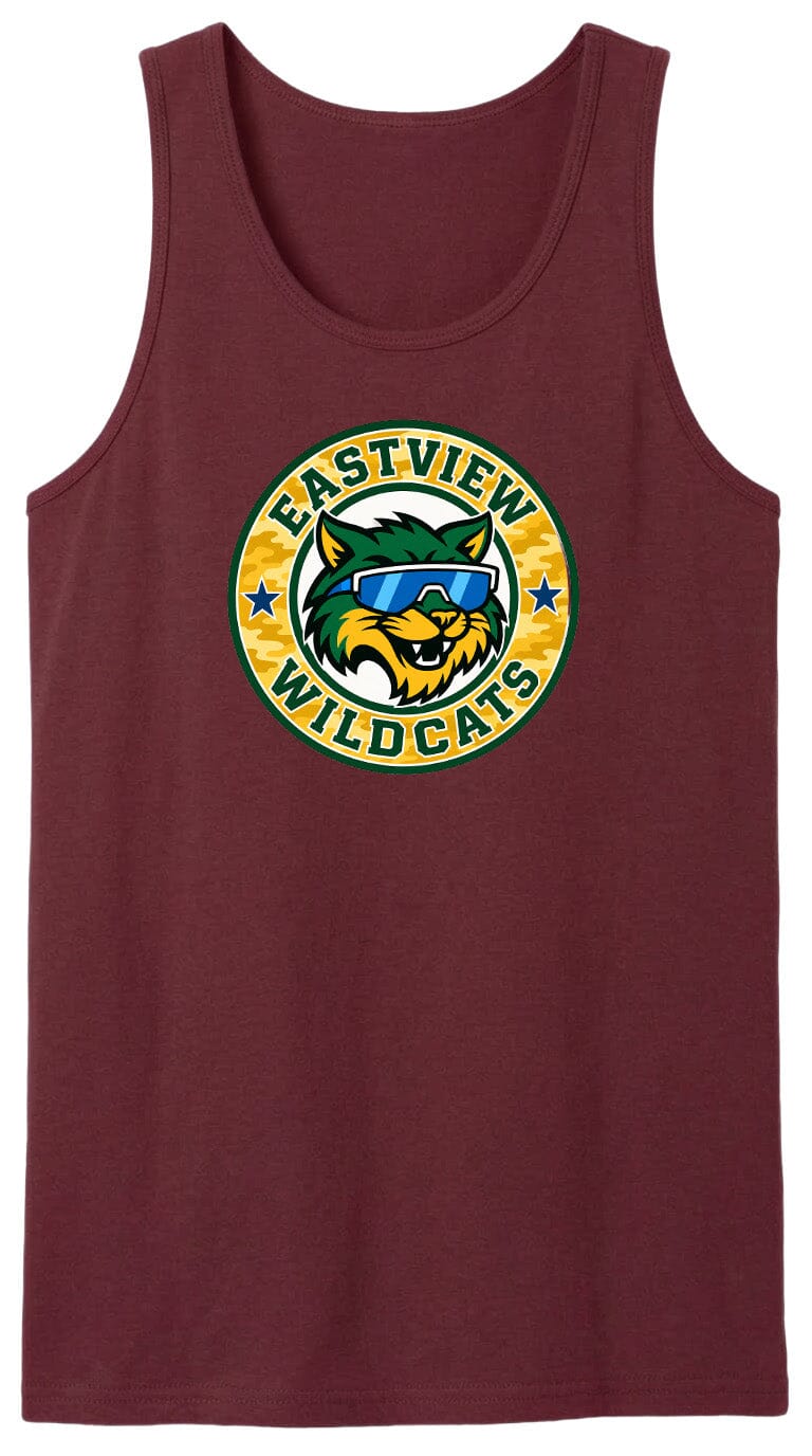 A maroon tank top with a circular logo featuring a cartoon cat wearing sunglasses and the text "EASTVIEW WILDCATS".