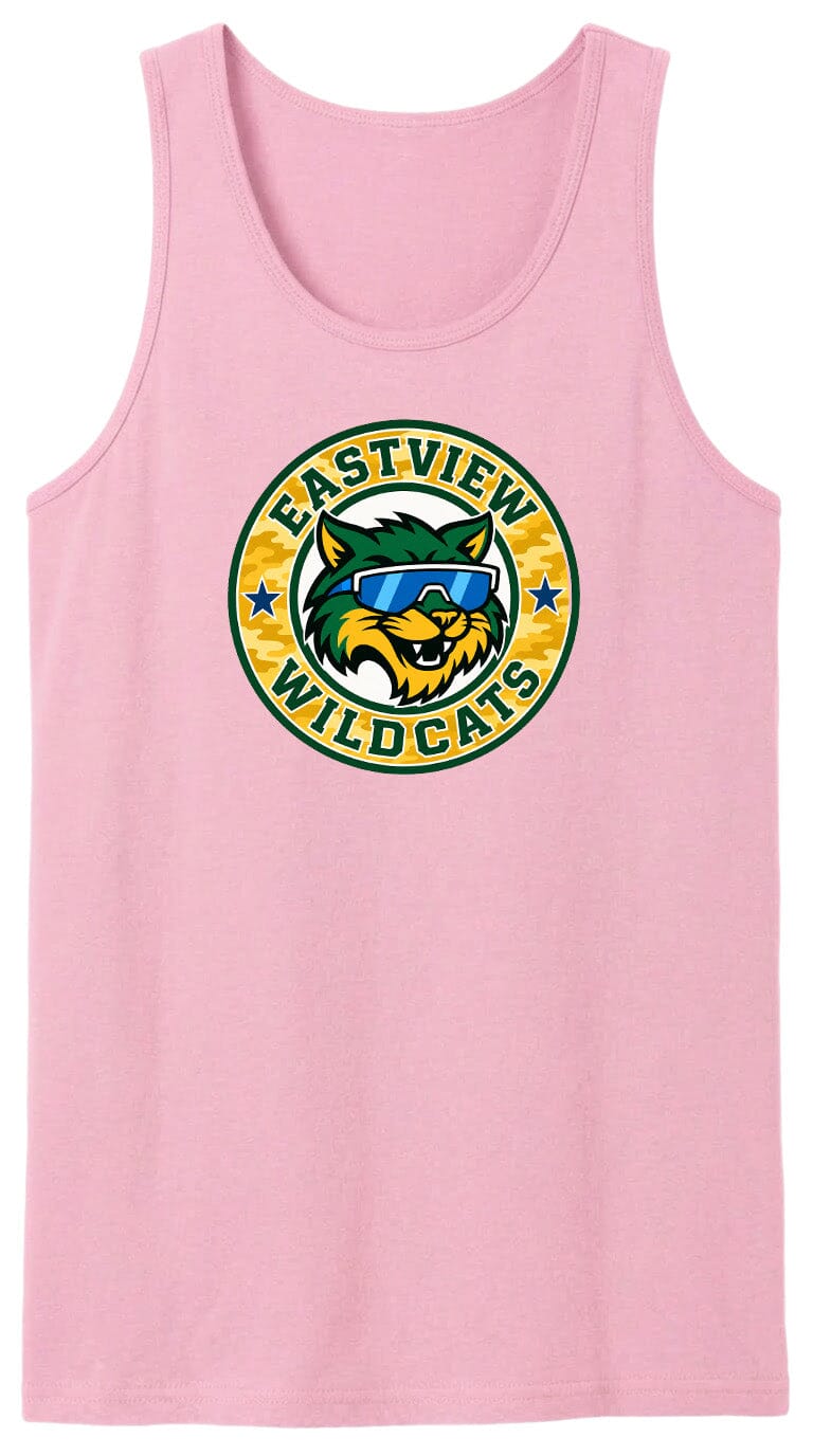 A pink tank top with a graphic design featuring a cartoon cat wearing sunglasses and the text "EASTVIEW WILDCATS" around it.