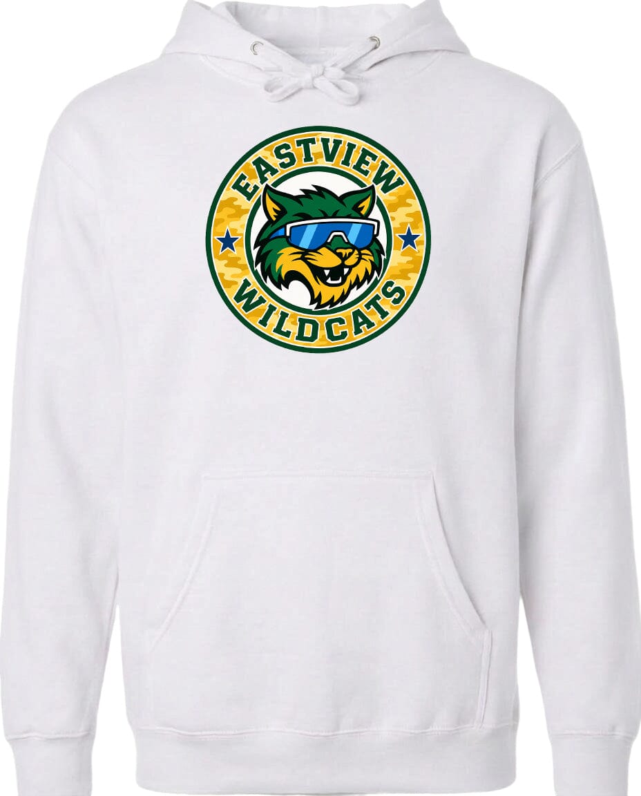 A white hoodie with a circular logo featuring a cartoon cat wearing sunglasses and the text "EASTVIEW WILDCATS".