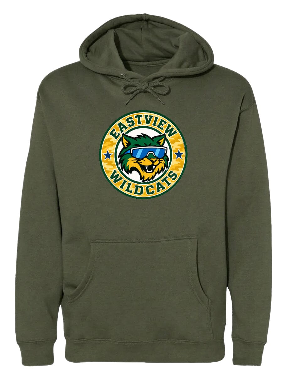 A dark green hoodie with a circular logo on the front.