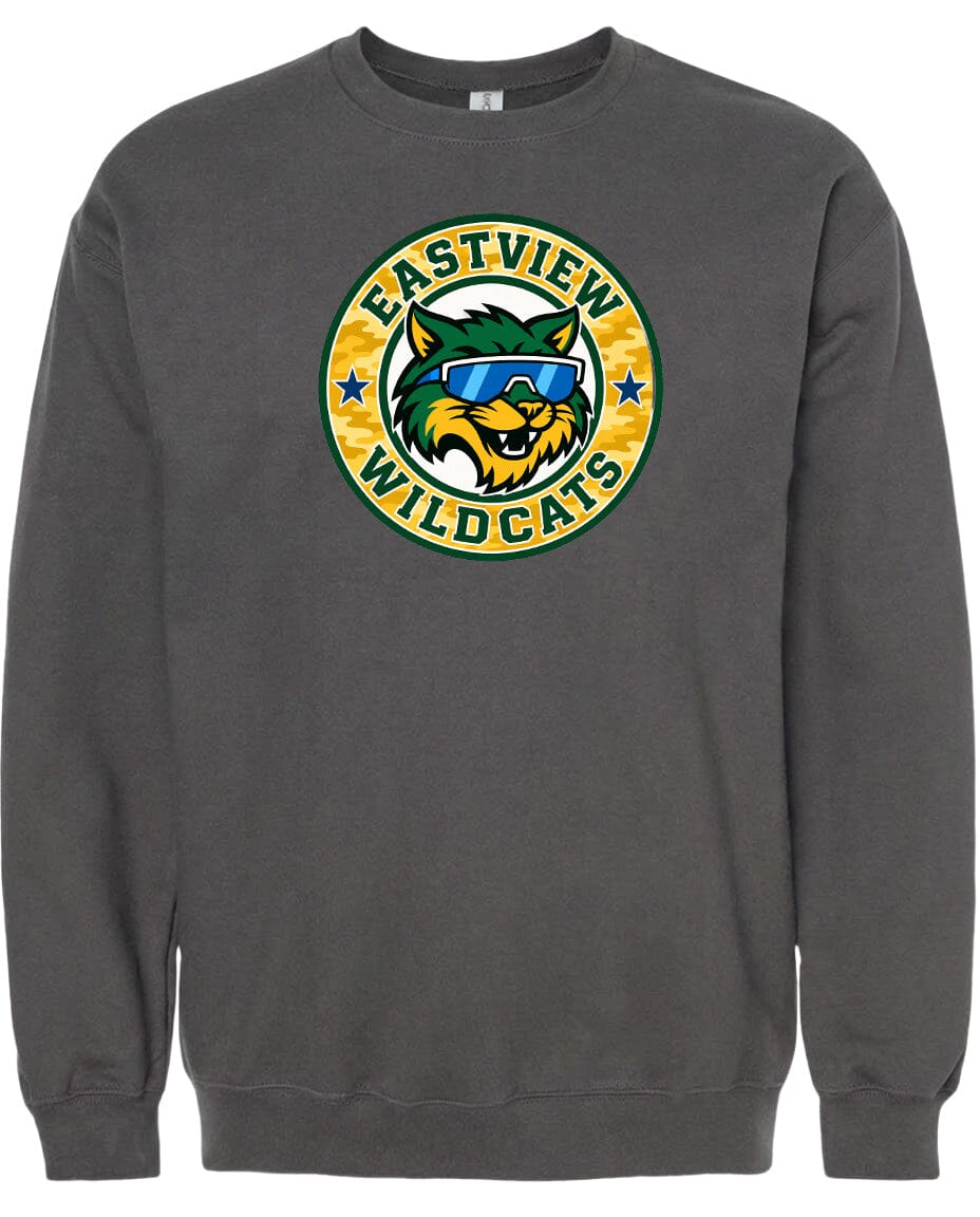 A gray sweatshirt with a circular logo featuring a cartoon-style cat wearing sunglasses and the text "EASTVIEW WILDCATS".