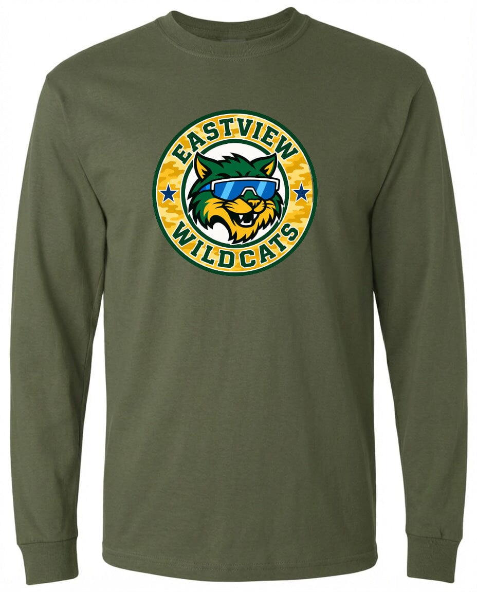 A long-sleeved green t-shirt with a graphic design featuring a cartoon cat wearing sunglasses and the text "EASTVIEW WILDCATS" around it.