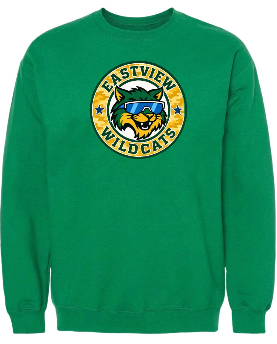 A green sweatshirt with a logo of a cat wearing sunglasses and the text "EASTVIEW WILDCATS" printed on it.