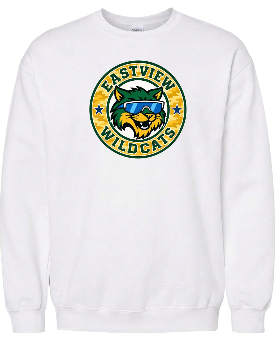 A white sweatshirt with a graphic design featuring a stylized wildcat wearing sunglasses.