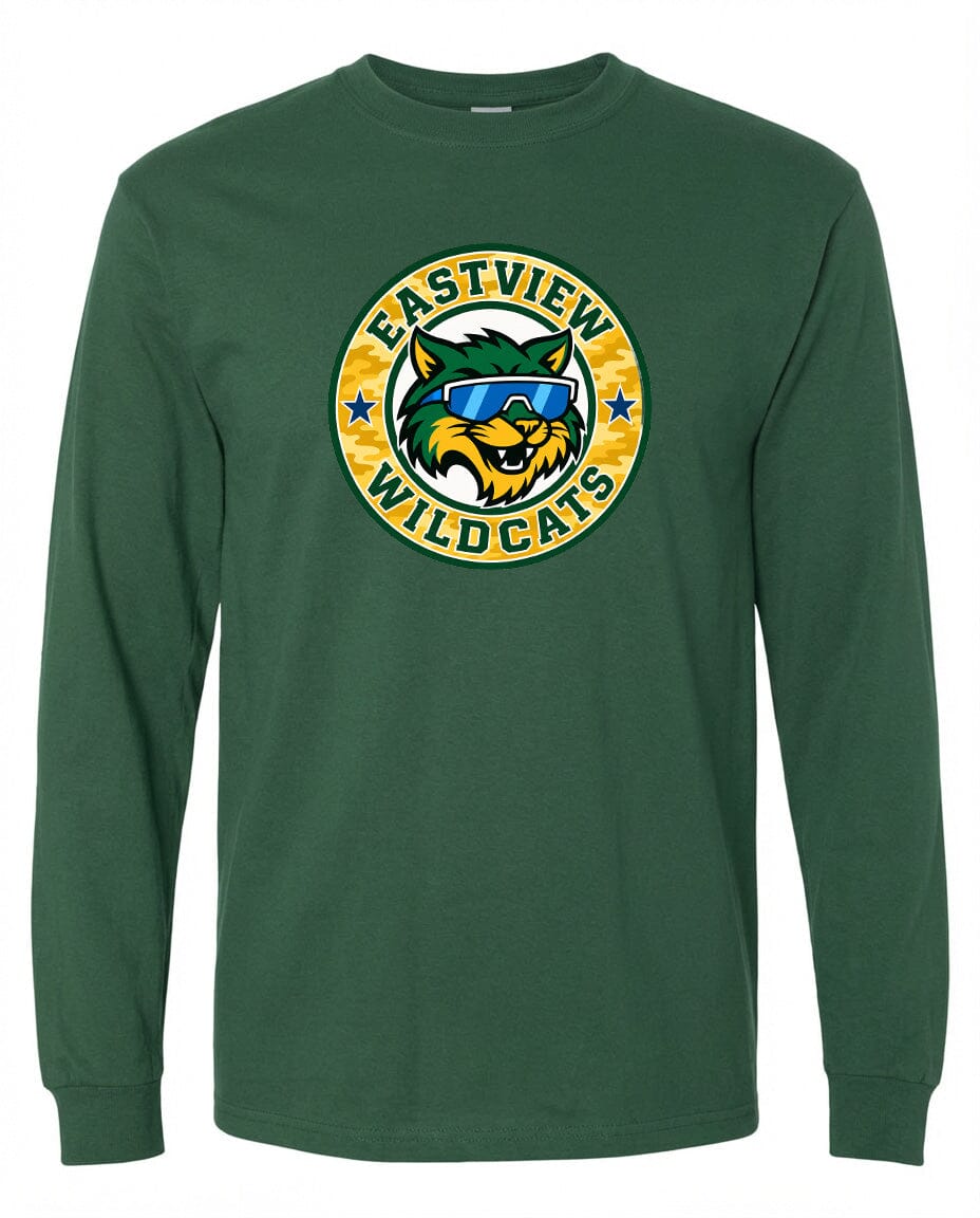 A green long-sleeved t-shirt with a graphic design featuring a cartoon-like cat wearing sunglasses and surrounded by a circular logo with the text "EASTVIEW WILDCATS".