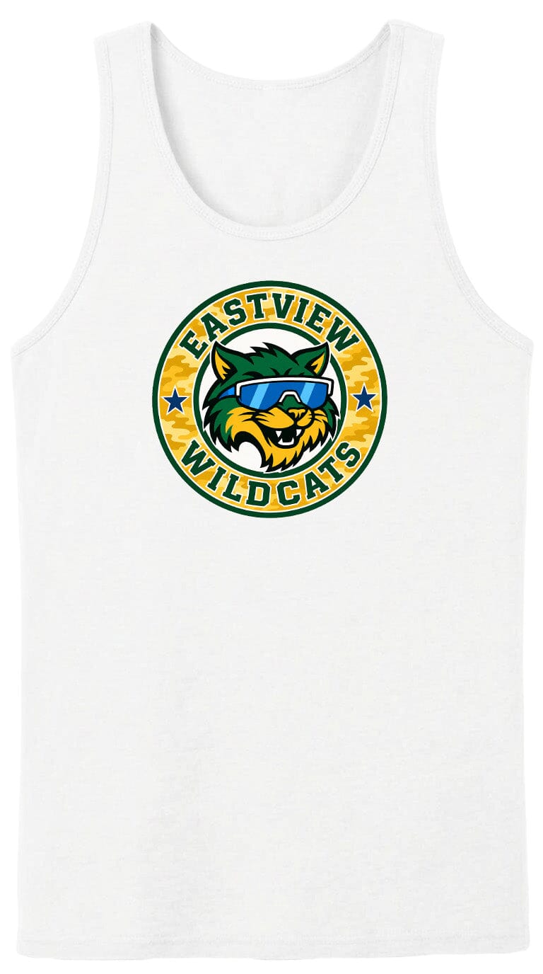 A white tank top with a circular logo featuring a cartoon cat wearing sunglasses and the text "EASTVIEW WILDCATS".