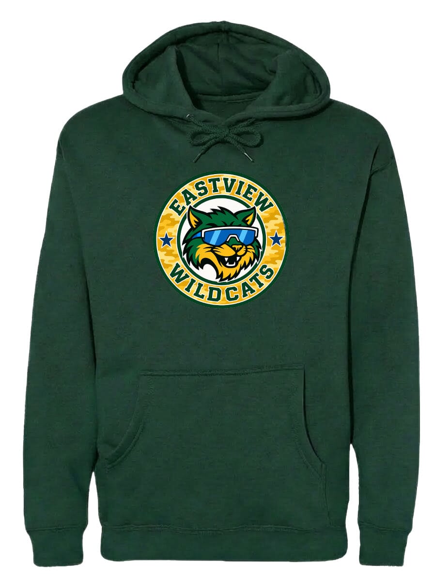 A green hoodie with a logo on the front.