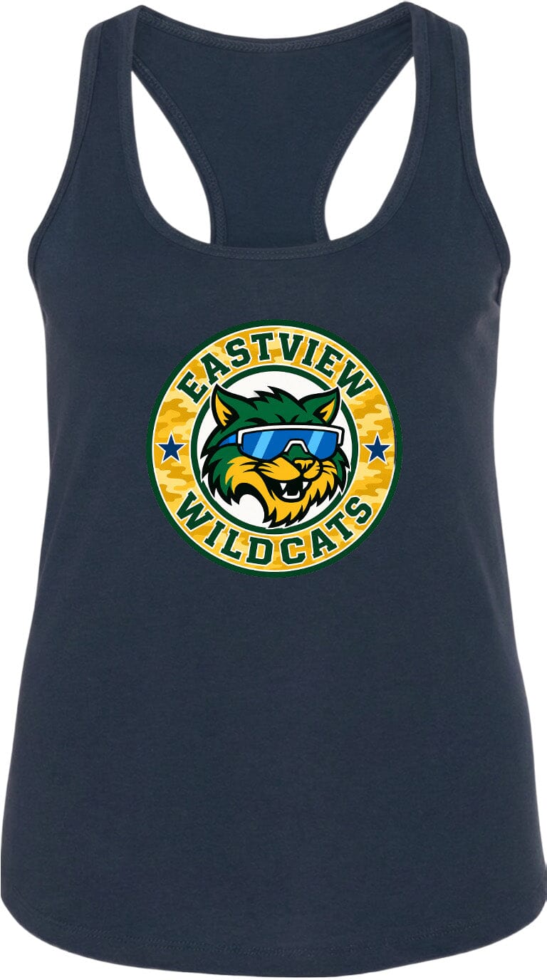 A navy blue tank top with a graphic design featuring a cartoon cat wearing sunglasses and the text "EASTVIEW WILDCATS" around it.