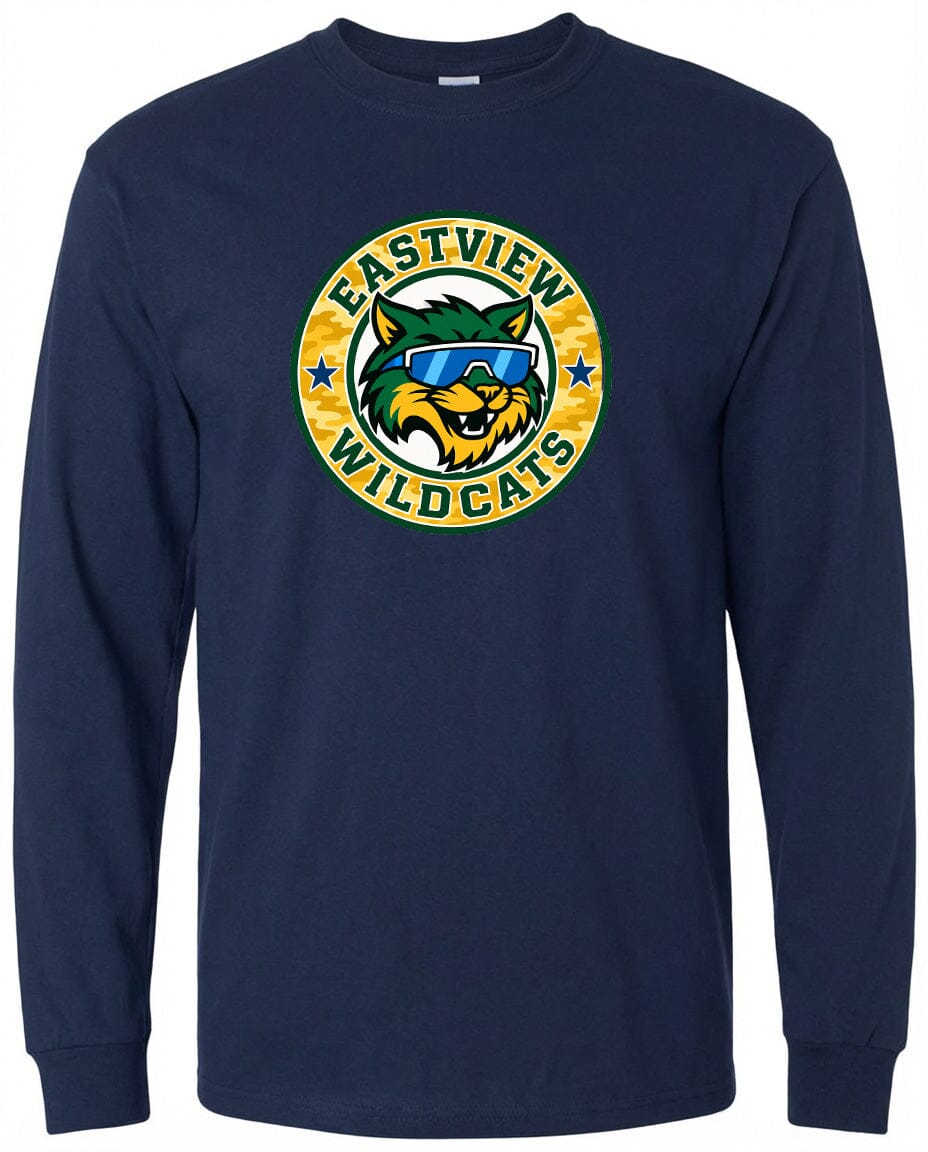 A navy blue long-sleeved shirt with a graphic design featuring a cartoon-like cat wearing sunglasses and the text "EASTVIEW WILDCATS" around it.