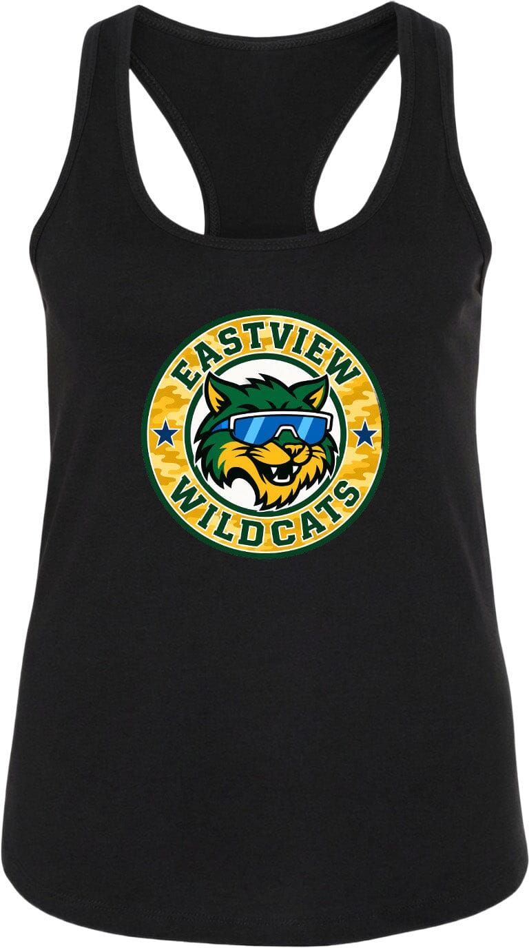 A black tank top with a graphic design featuring a cat wearing sunglasses and the text "EASTVIEW WILDCATS".