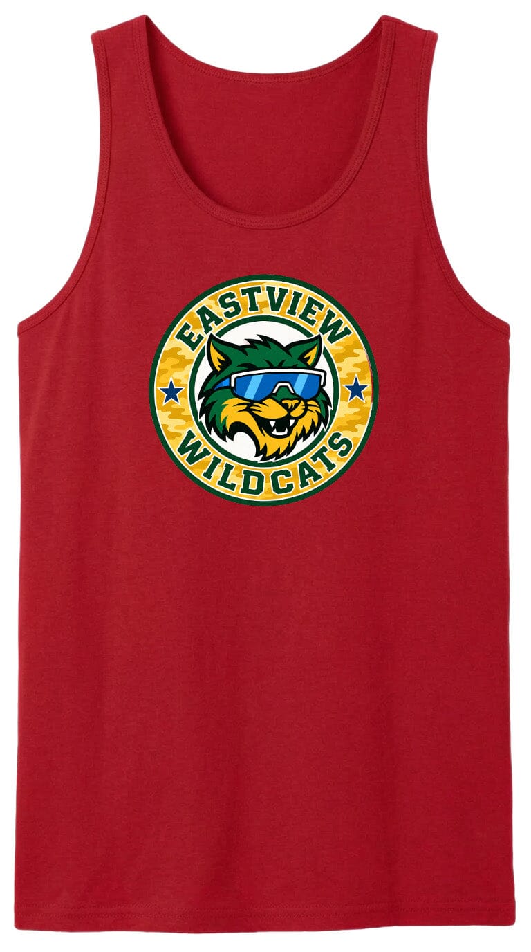 A red tank top with a graphic design featuring a cat wearing sunglasses and the text "EASTVIEW WILDCATS" around it.