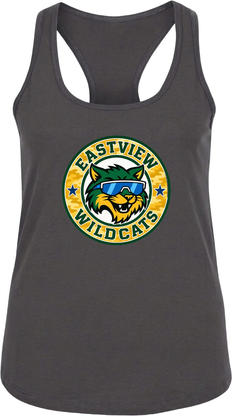 A gray tank top with a circular logo featuring a cartoon cat wearing sunglasses and the text "EASTVIEW WILDCATS".