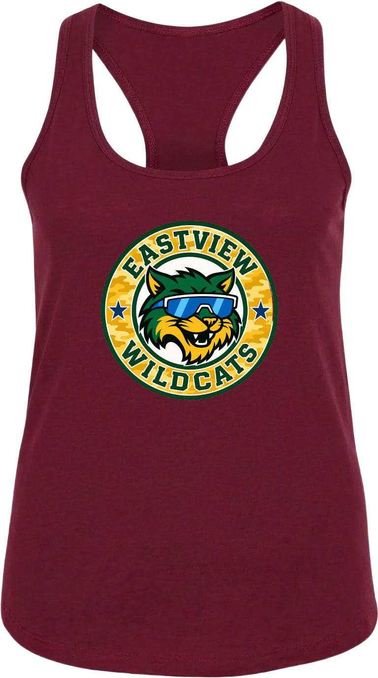 A burgundy tank top with a graphic design featuring a cat wearing sunglasses and the text "EASTVIEW WILDCATS".