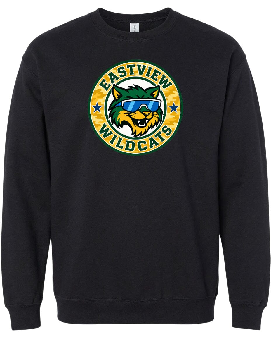 A black sweatshirt with a graphic design featuring a cartoon-style cat wearing sunglasses and the text "EASTVIEW WILDCATS" around it.