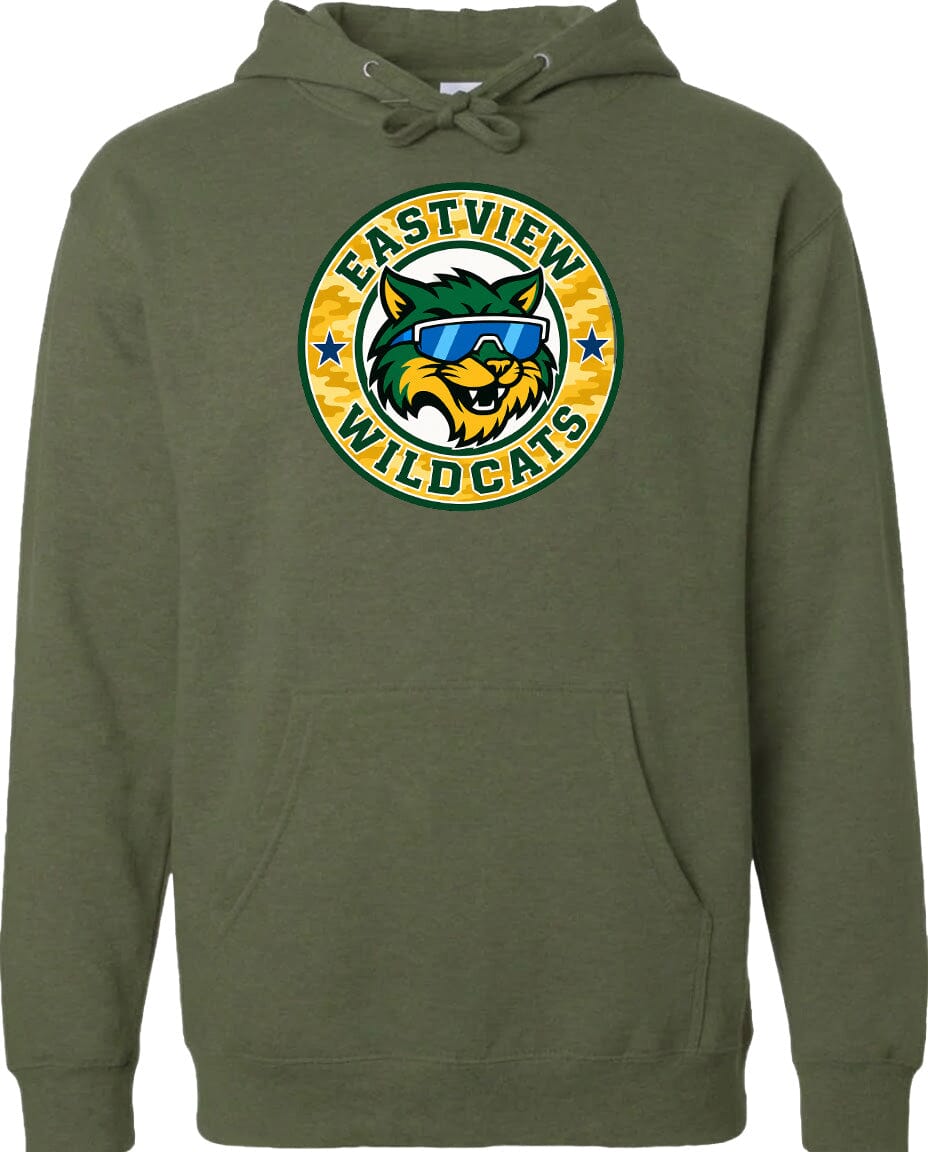 A green hoodie with a circular logo featuring a cartoon cat wearing sunglasses and the text "EASTVIEW WILDCATS".