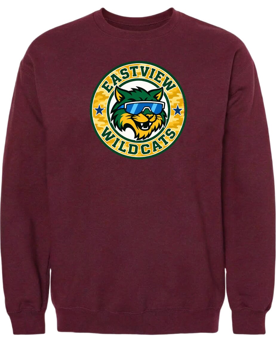 A burgundy-colored sweatshirt with a graphic design featuring a cartoon-style wildcat wearing sunglasses and the text "EASTVIEW WILDCATS" printed on it.