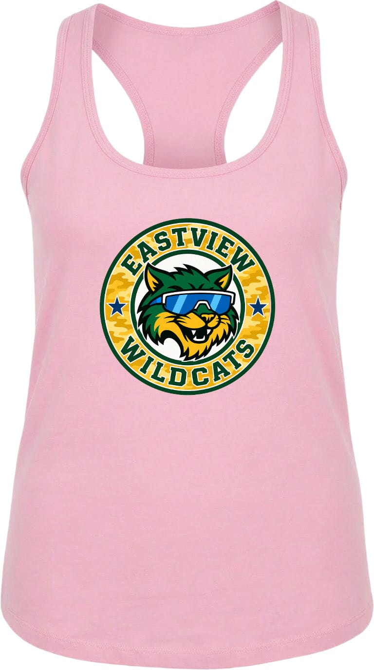 A pink tank top with a graphic of a cat wearing sunglasses and the text "EASTVIEW WILDCATS" printed on it.